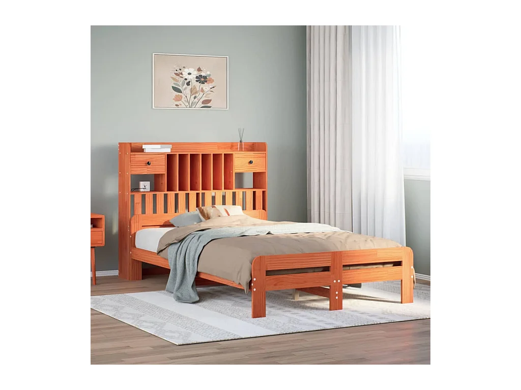 Letto Libreria senza Materasso Marrone Cera 135x190 cm in Pino