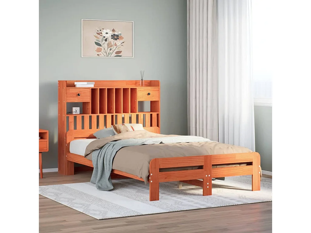 Lit bibliothèque sans matelas cire marron 135x190 cm pin massif