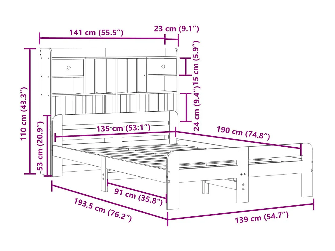 Lit bibliothèque sans matelas cire marron 135x190 cm pin massif