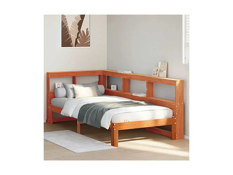 Bed met boekenkast zonder matras grenenhout wasbruin 75x190 cm