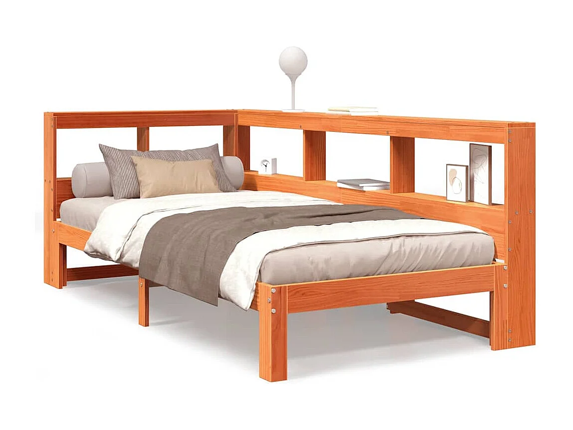 Massivholzbett mit Regal ohne Matratze Wachsbraun 75x190 cm