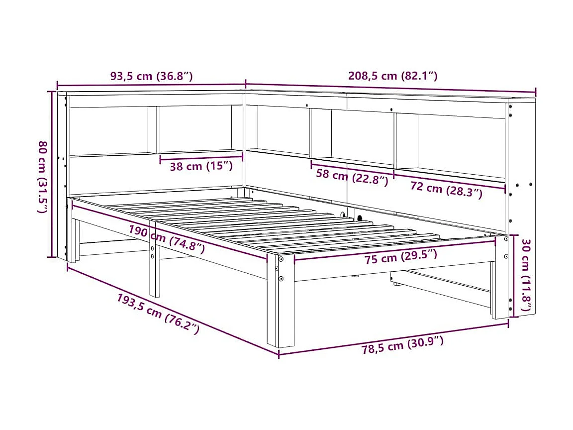 Massivholzbett mit Regal ohne Matratze Wachsbraun 75x190 cm