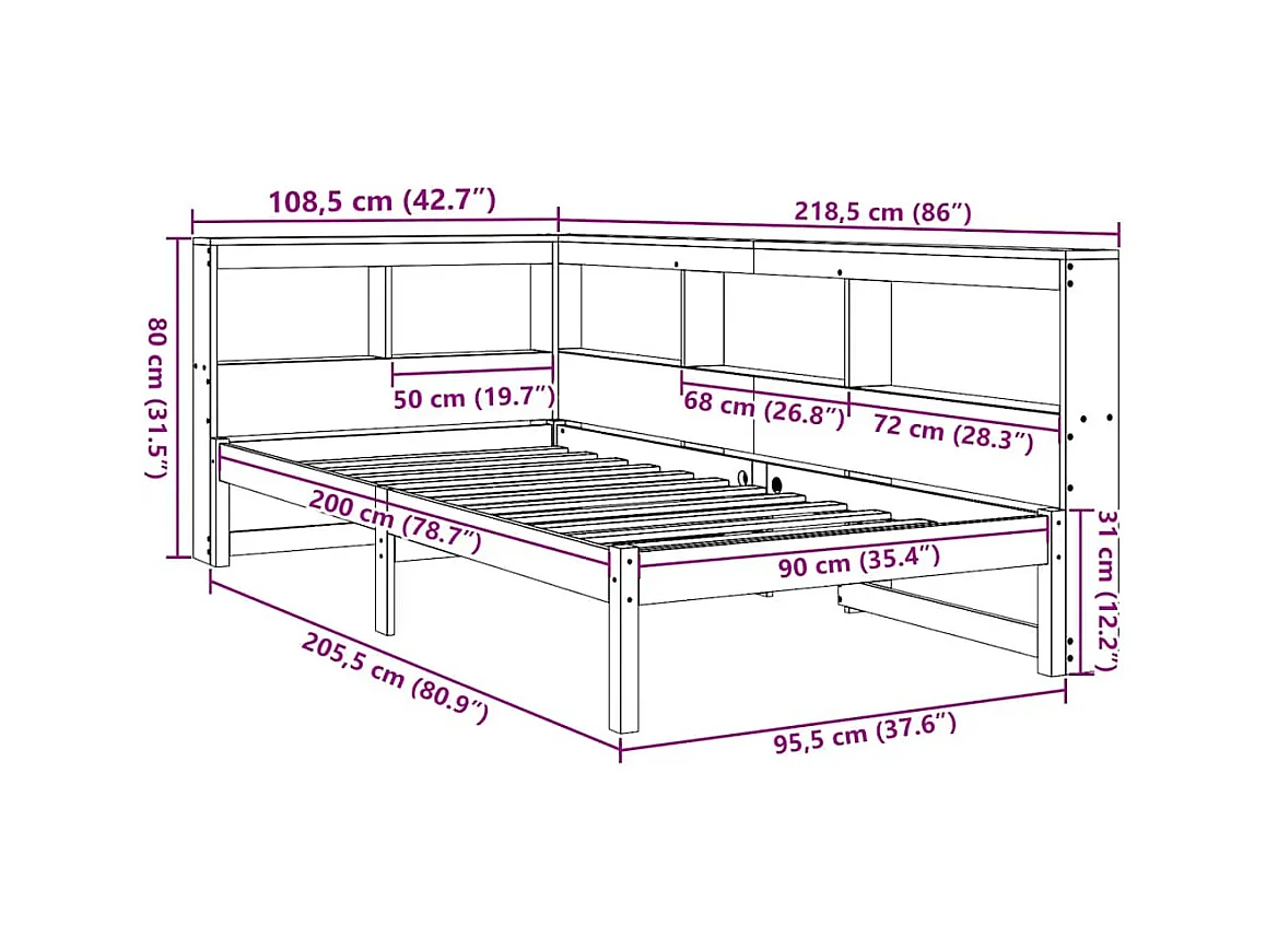 Cama con estantería sin colchón madera maciza blanco 90x200 cm