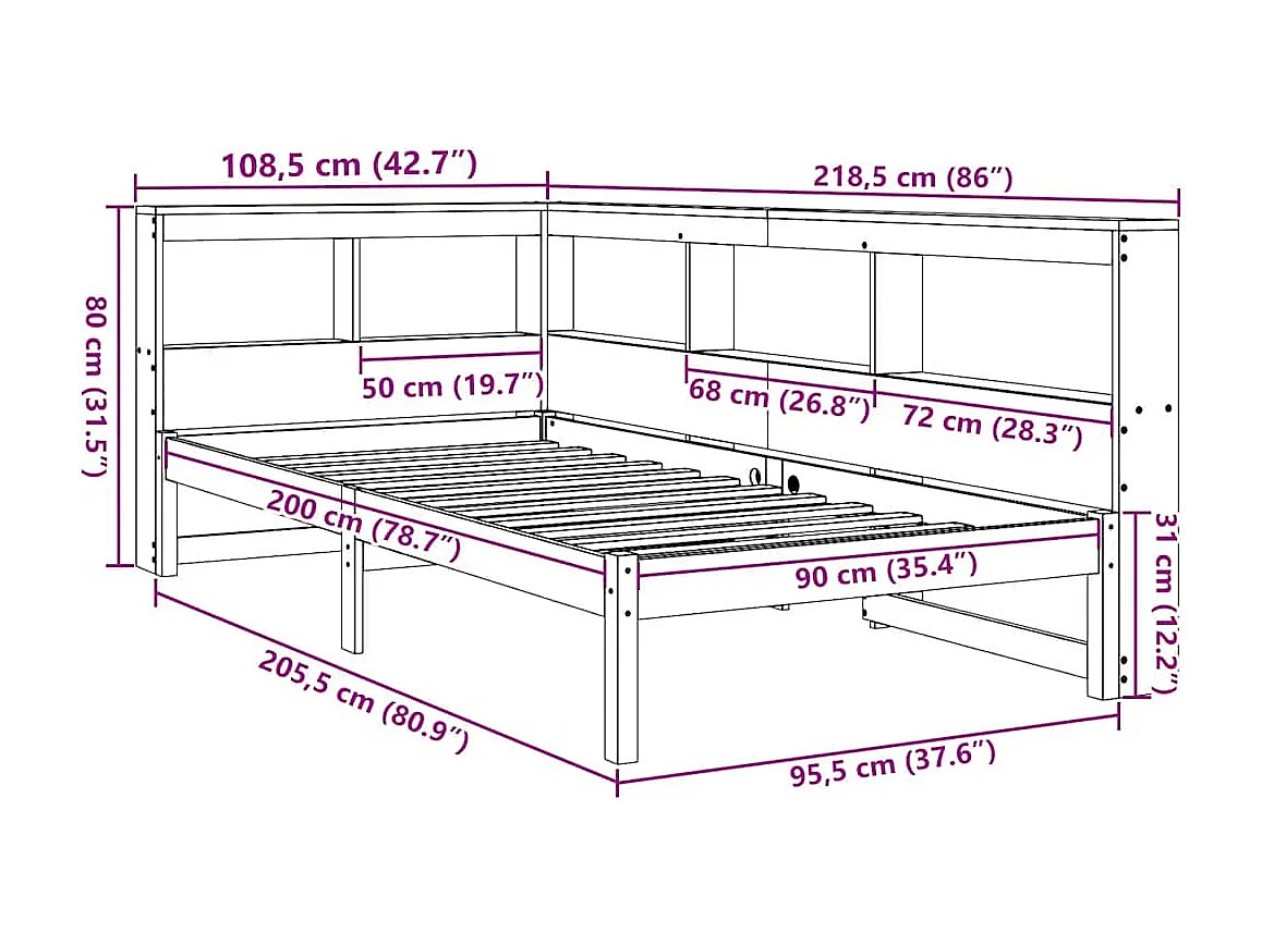 Lit bibliothèque sans matelas blanc 90x200cm bois de pin massif