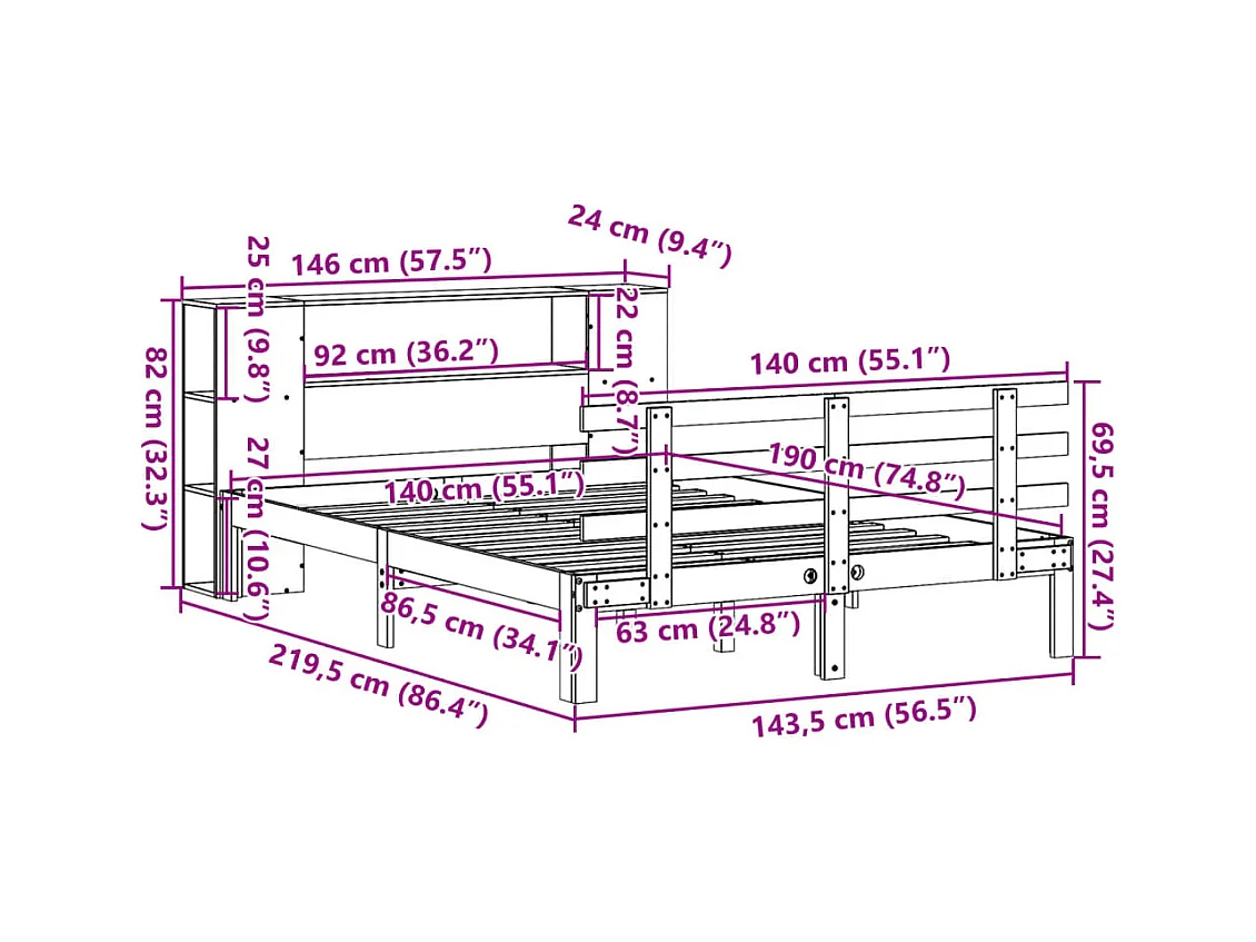 Lit bibliothèque sans matelas 140x190 cm bois de pin massif