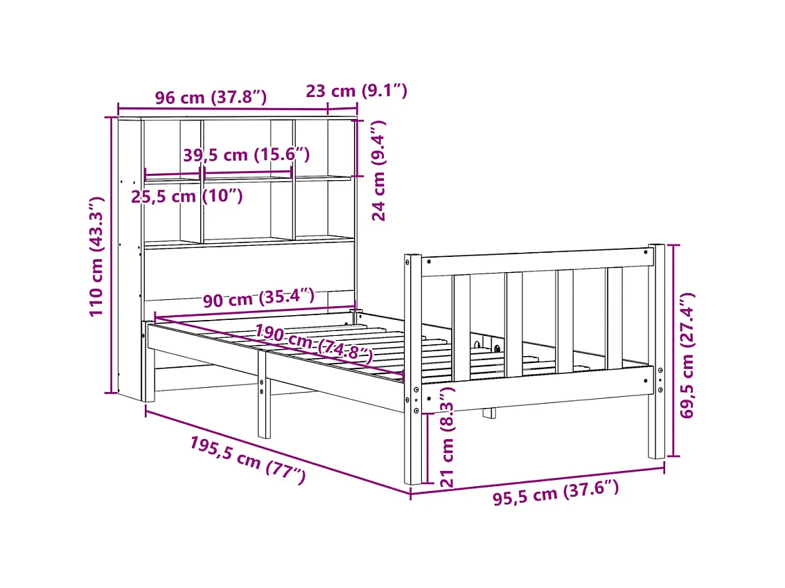 Massivholzbett mit Regal ohne Matratze Weiß 90x190 cm Kiefer