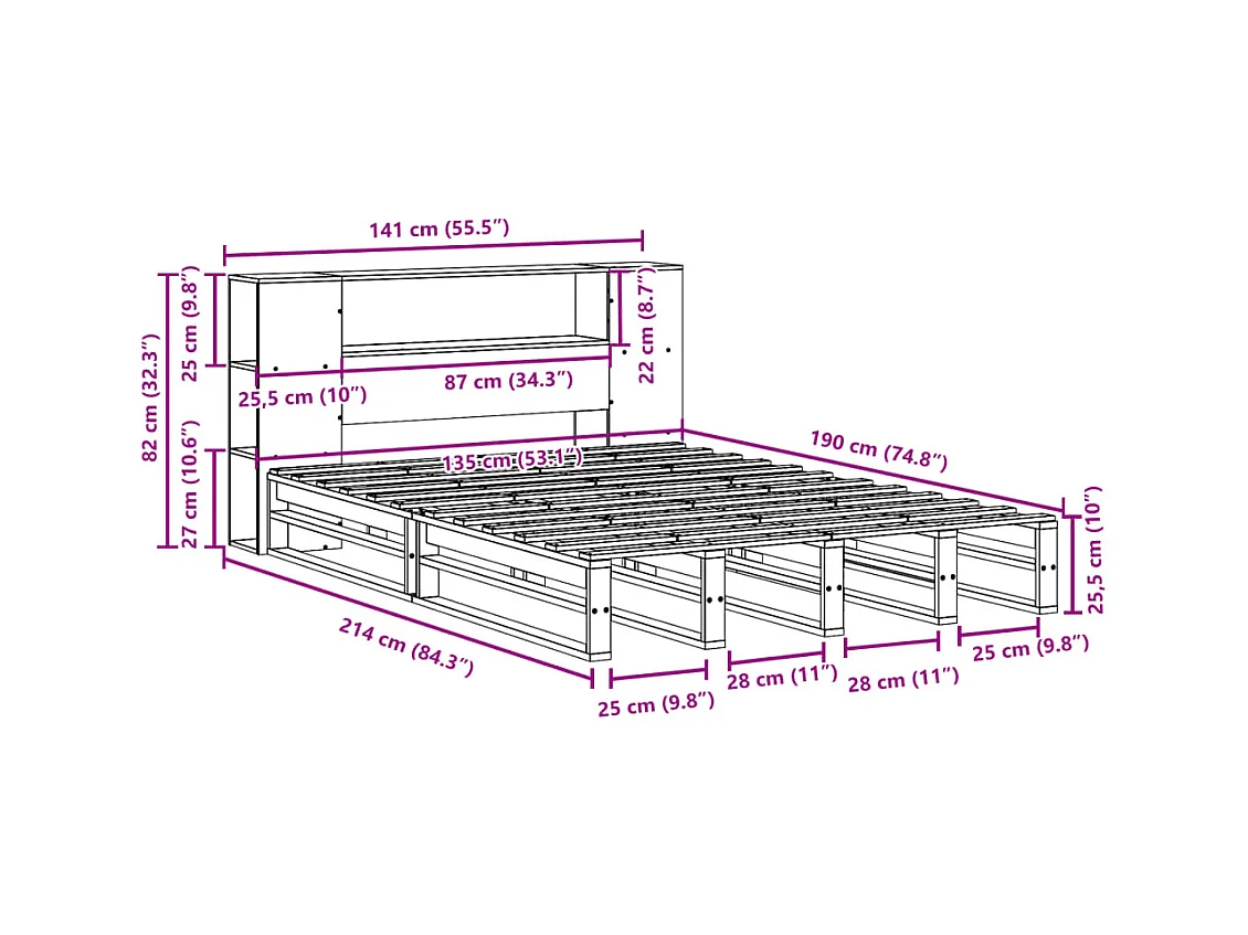 Lit bibliothèque sans matelas blanc 135x190 cm bois massif