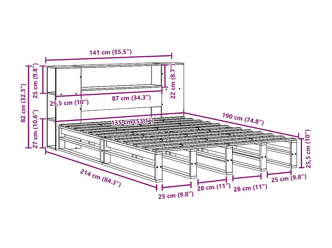 Lit bibliothèque sans matelas blanc 135x190 cm bois massif