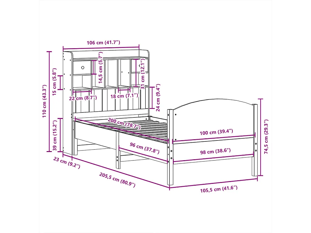 Letto Libreria senza Materasso Marrone Cera 100x200 cm in Pino