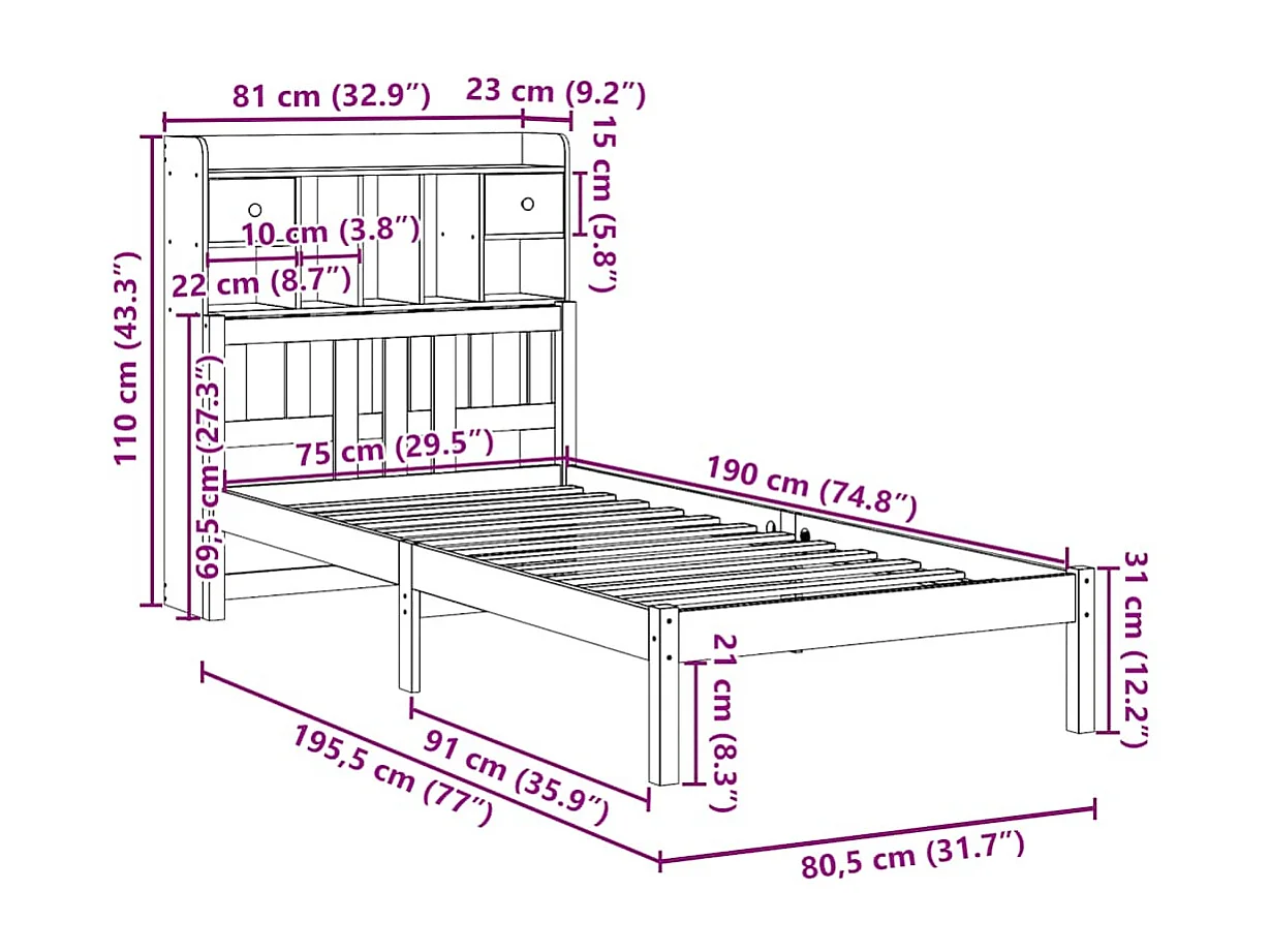 Giroletto con Libreria senza Materasso 75x190 cm in Legno Pino