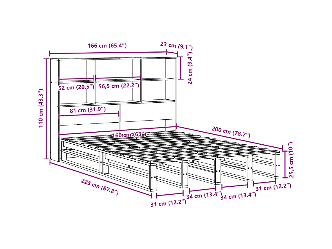Lit bibliothèque sans matelas cire marron 160x200cm bois massif