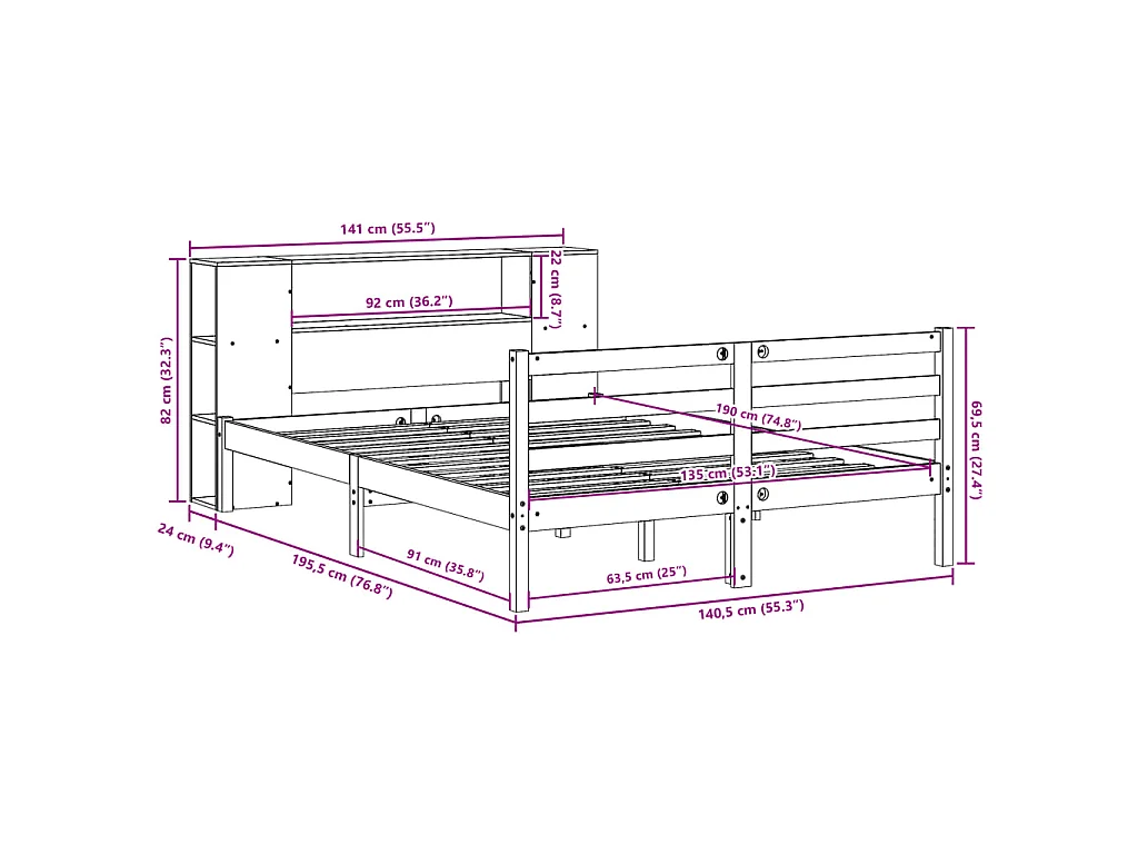 Lit bibliothèque sans matelas 135x190 cm bois de pin massif