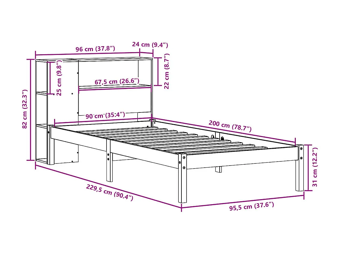 Massivholzbett mit Regal ohne Matratze Weiß 90x200 cm Kiefer