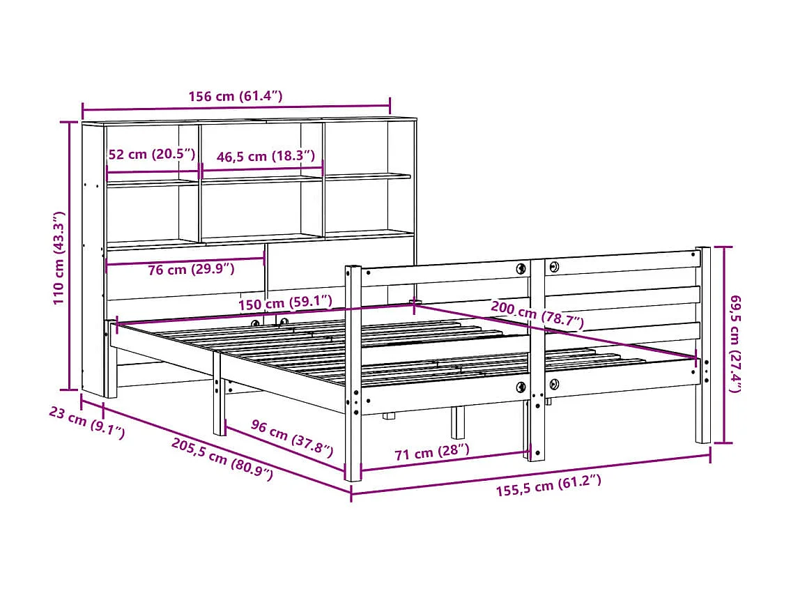 Bed met boekenkast zonder matras massief grenenhout 150x200 cm