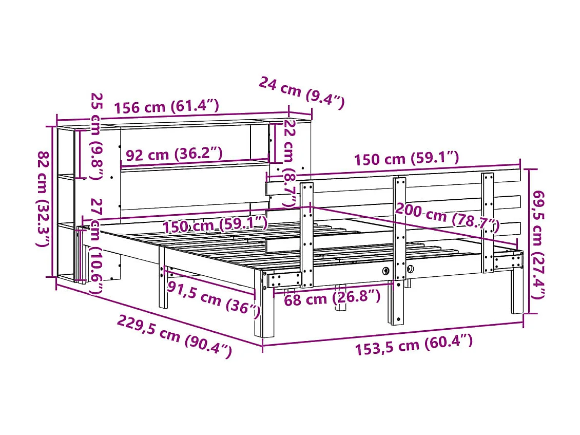 Letto Libreria senza Materasso Bianco 150x200 cm Legno di Pino