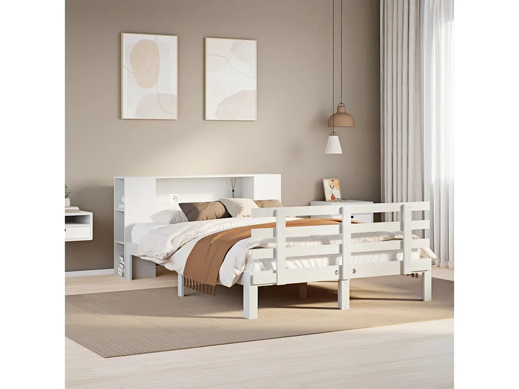 Lit bibliothèque sans matelas blanc 150x200 cm bois pin massif