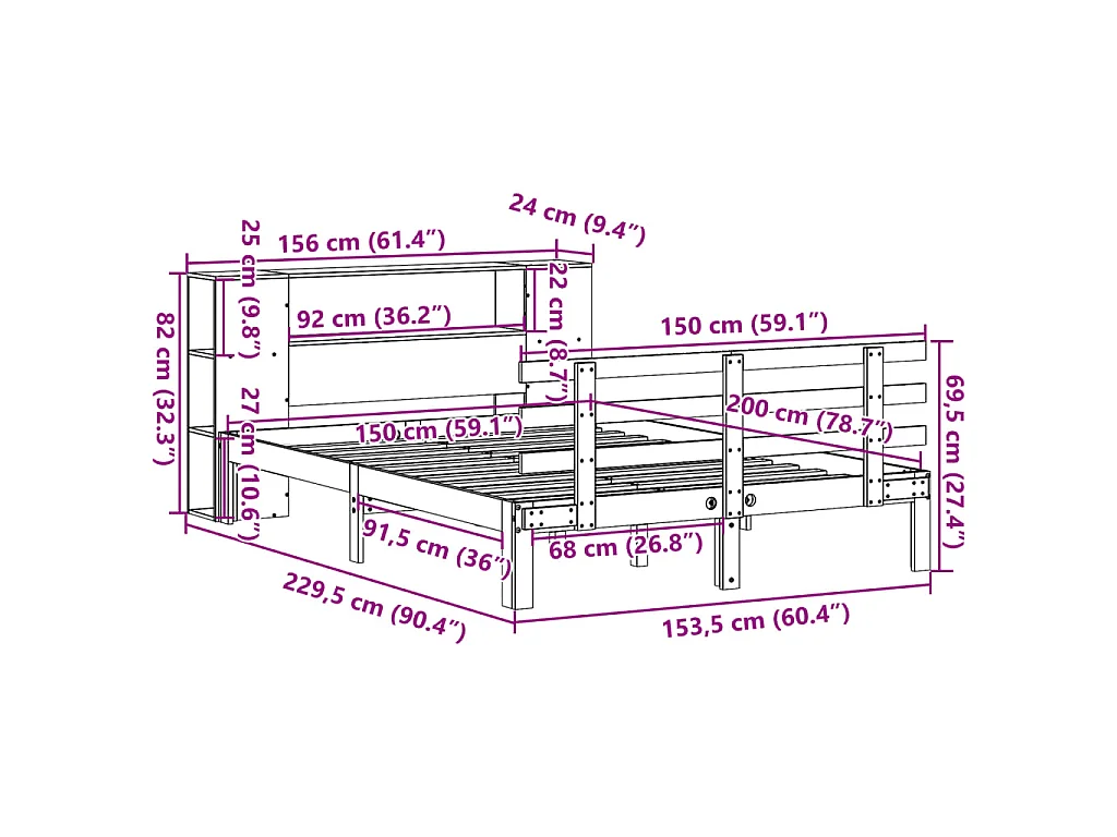 Lit bibliothèque sans matelas blanc 150x200 cm bois pin massif