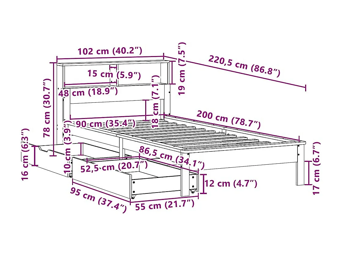 Massivholzbett mit Regal ohne Matratze Wachsbraun 90x200 cm