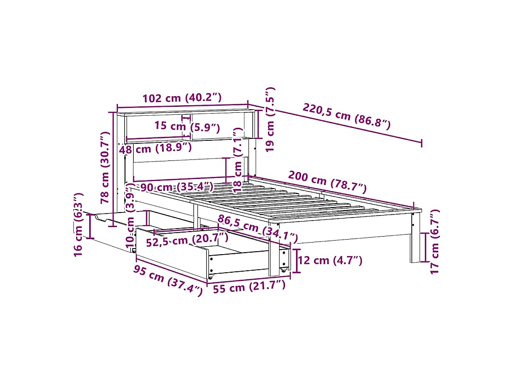 Lit bibliothèque sans matelas cire marron 90x200 cm pin massif