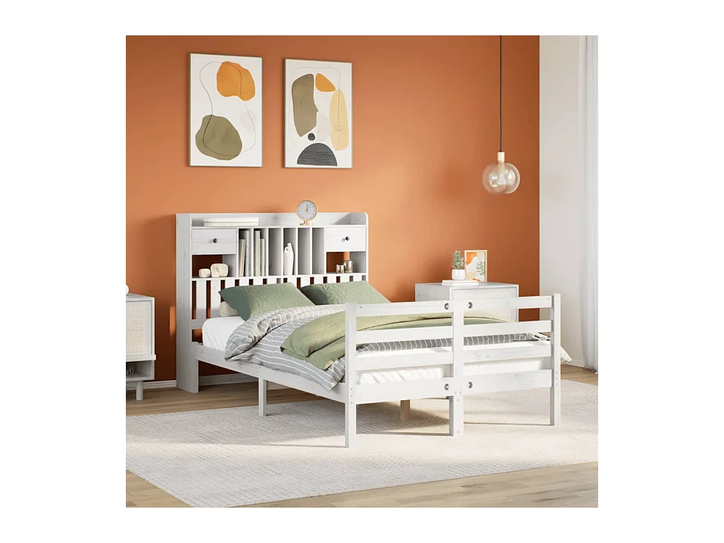 Bed met boekenkast zonder matras grenenhout wit 135x190 cm