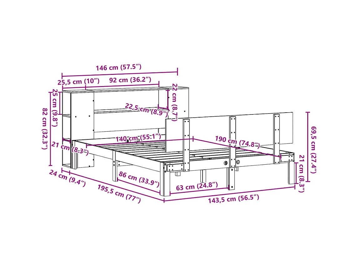 Lit bibliothèque sans matelas blanc 140x190 cm bois pin massif