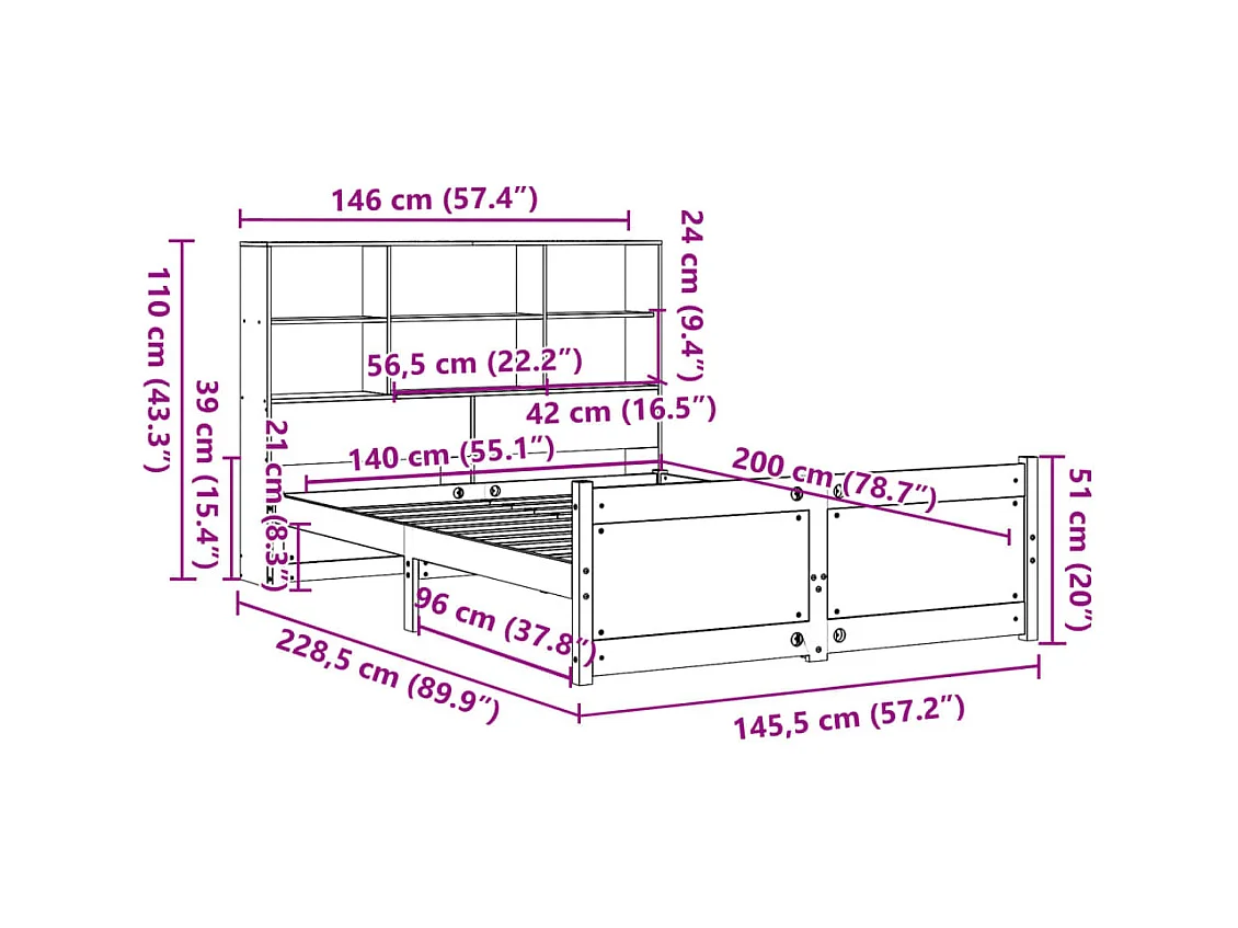 Lit bibliothèque sans matelas blanc 140x200 cm bois pin massif