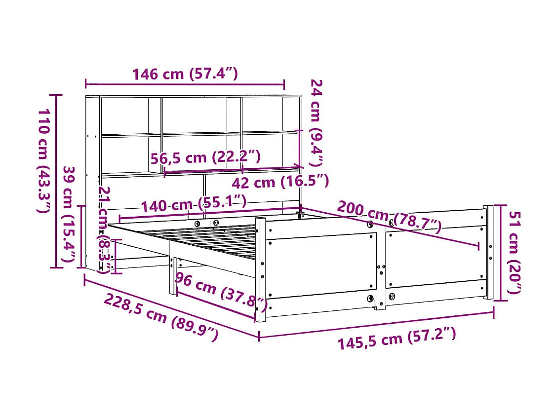 Cama con estantería sin colchón madera maciza blanca 140x200 cm