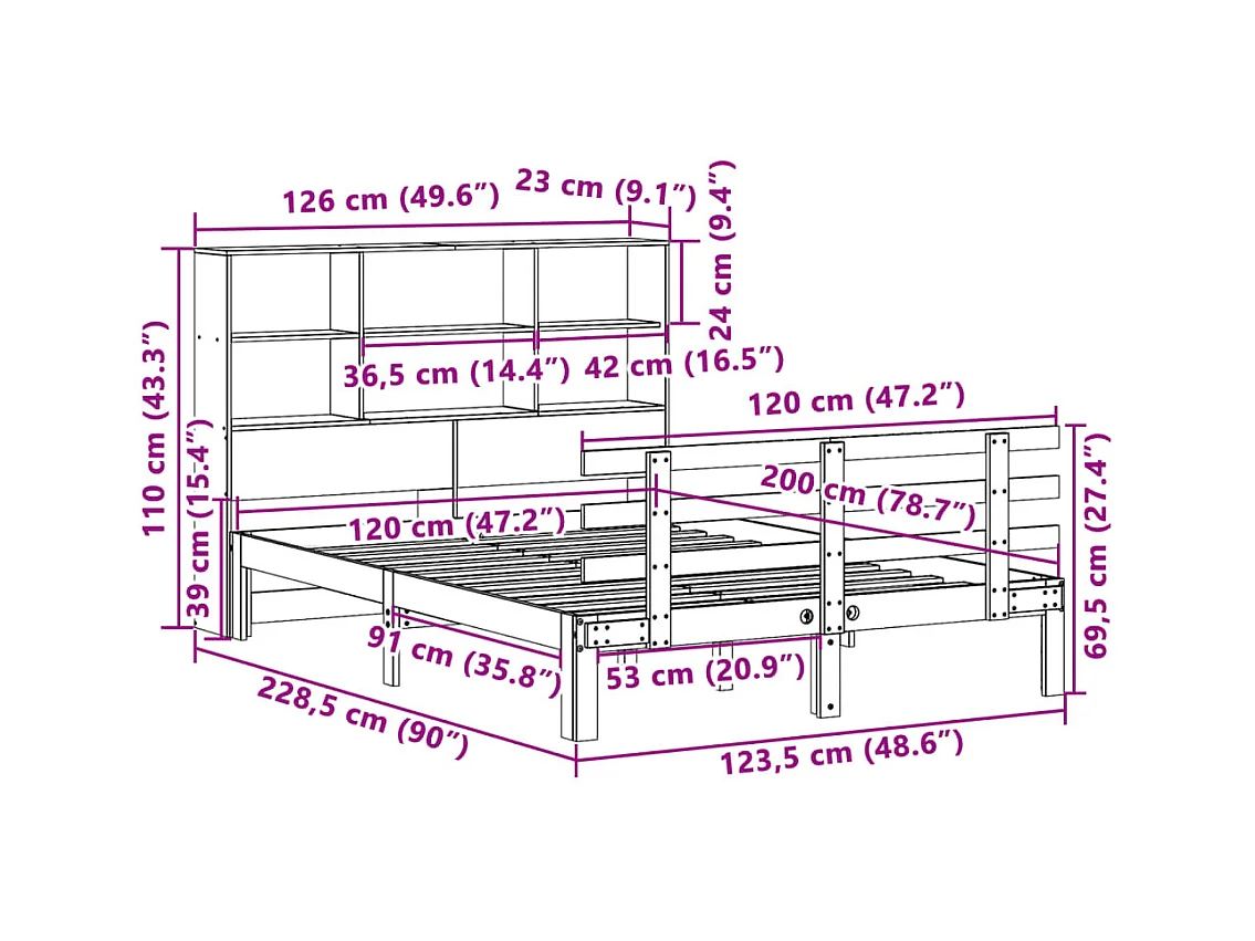 Lit bibliothèque sans matelas blanc 120x200 cm bois pin massif