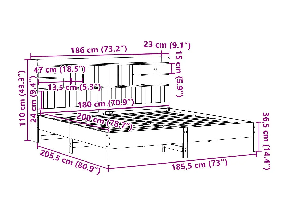 Cama con estantería sin colchón madera maciza marrón 180x200cm