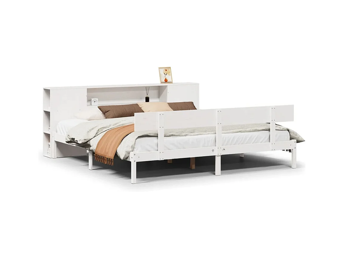 Lit bibliothèque sans matelas blanc 200x200 cm bois pin massif