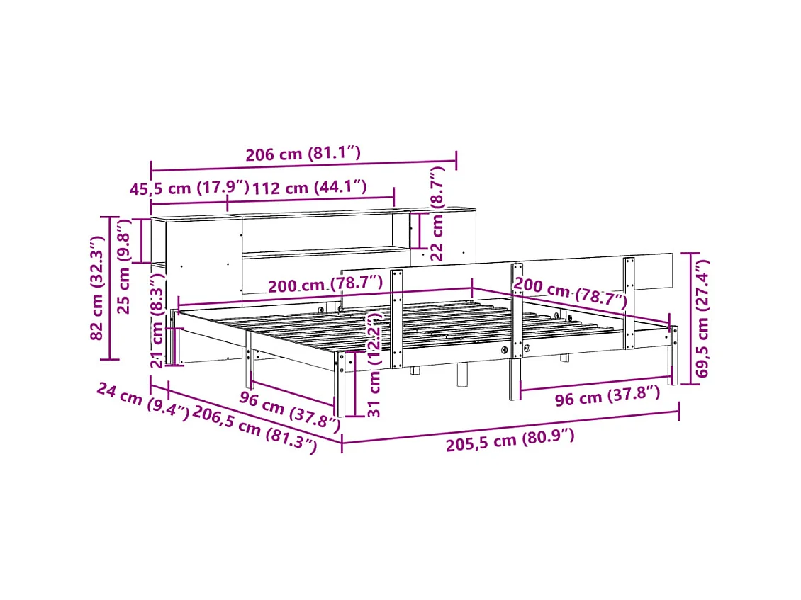 Lit bibliothèque sans matelas blanc 200x200 cm bois pin massif
