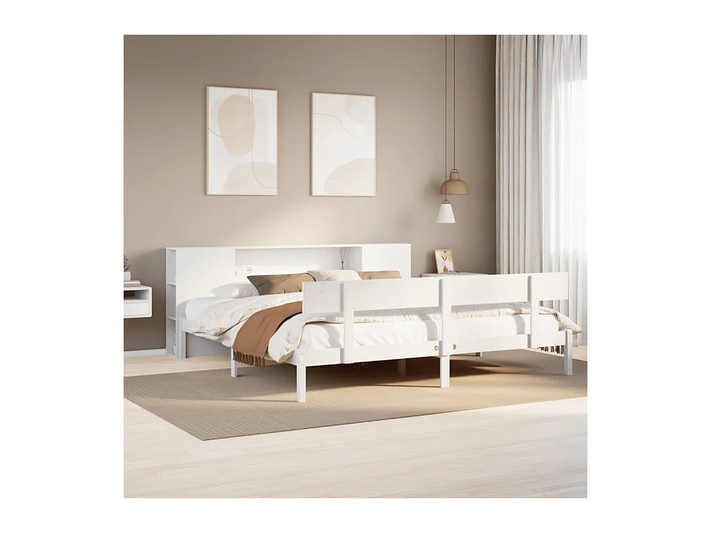 Cama con estantería sin colchón madera maciza blanca 200x200 cm