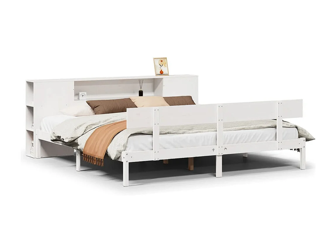 Lit bibliothèque sans matelas blanc 200x200 cm bois pin massif