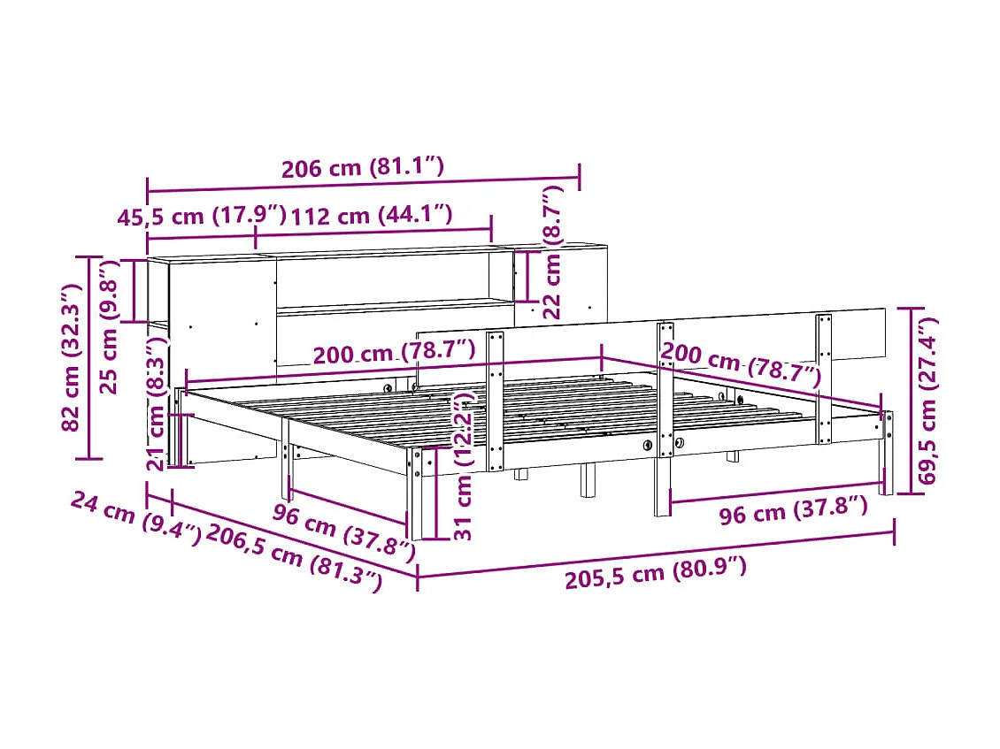 Lit bibliothèque sans matelas blanc 200x200 cm bois pin massif