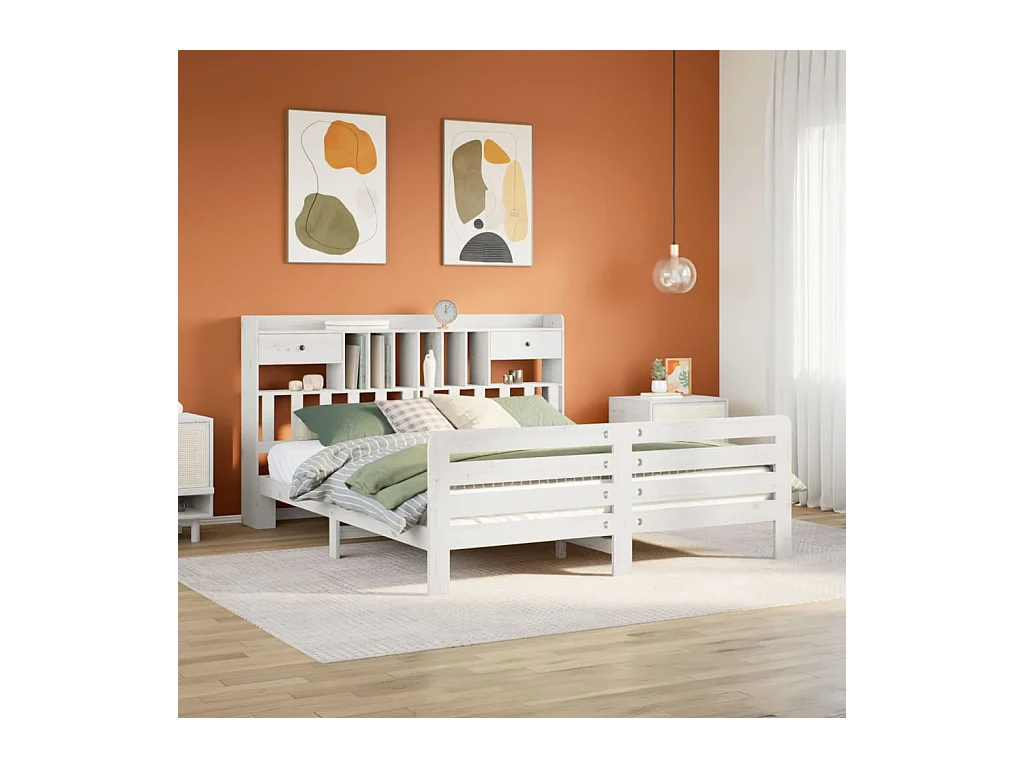 Lit bibliothèque sans matelas blanc 180x200 cm bois pin massif