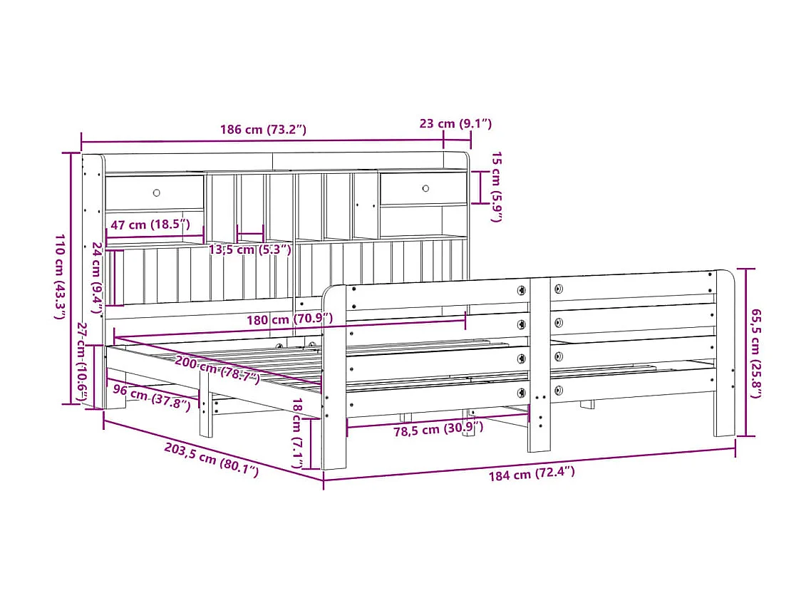Lit bibliothèque sans matelas blanc 180x200 cm bois pin massif