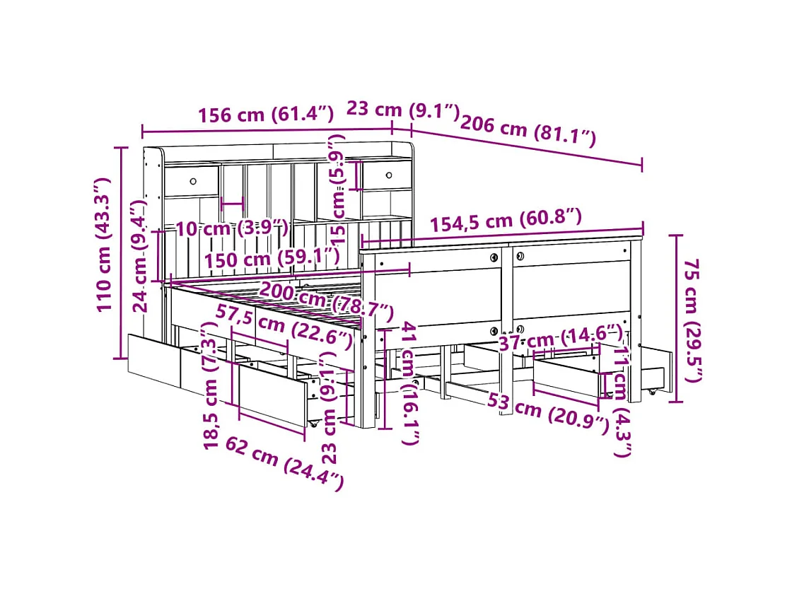 Massivholzbett mit Regal ohne Matratze Weiß 150x200 cm Kiefer