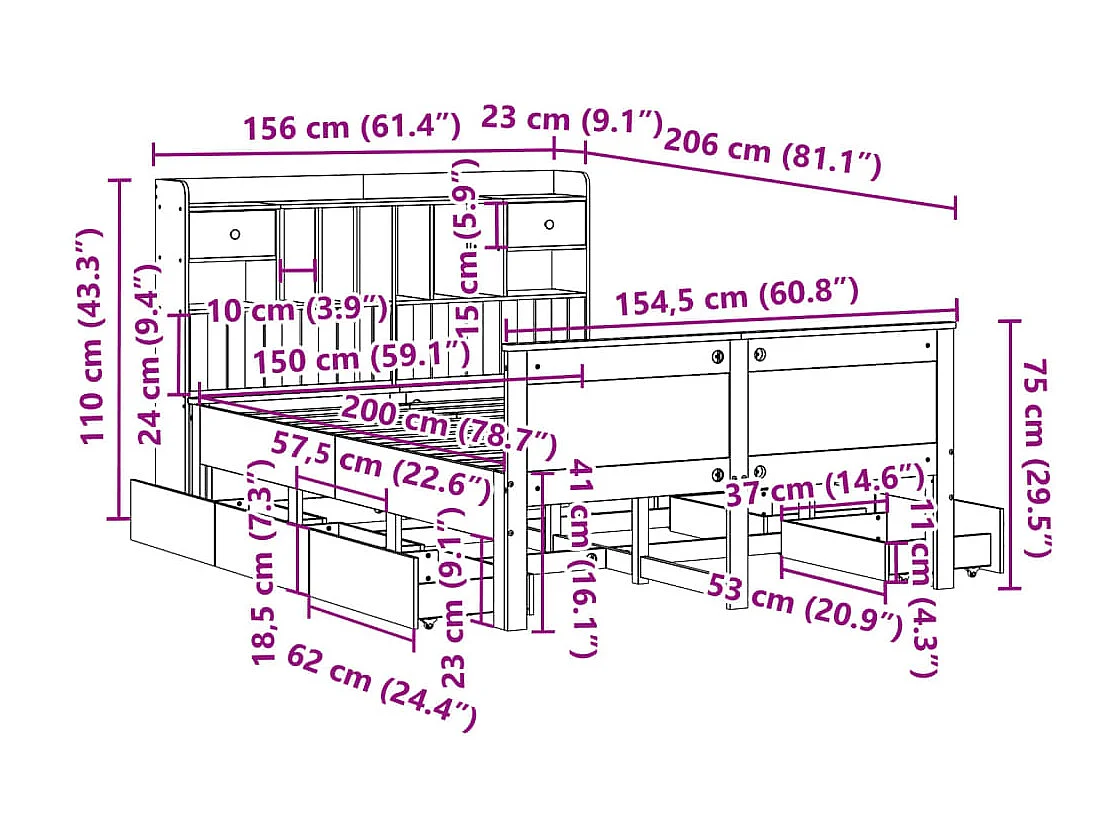 Massivholzbett mit Regal ohne Matratze Weiß 150x200 cm Kiefer
