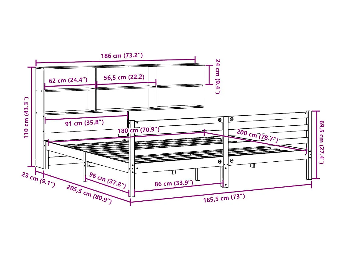 Massivholzbett mit Regal ohne Matratze 180x200 cm Kiefernholz