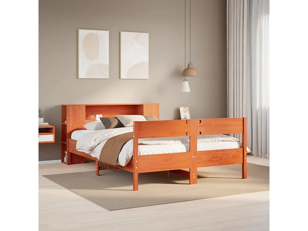 Lit bibliothèque sans matelas cire marron 150x200 cm pin massif