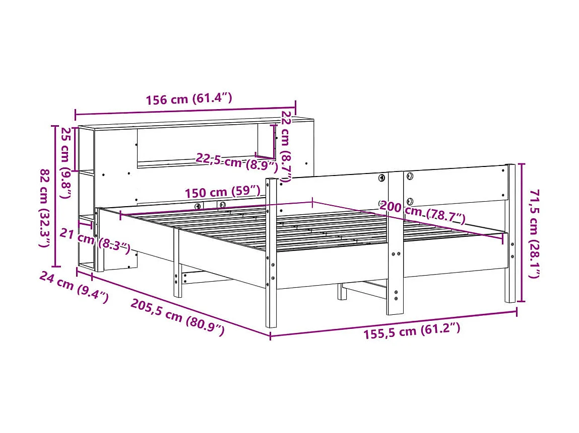 Lit bibliothèque sans matelas cire marron 150x200 cm pin massif