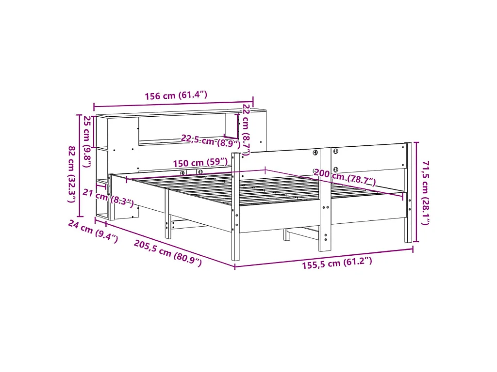 Lit bibliothèque sans matelas cire marron 150x200 cm pin massif