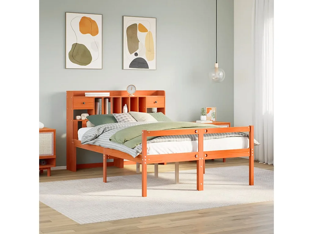 Lit bibliothèque sans matelas cire marron 150x200 cm pin massif