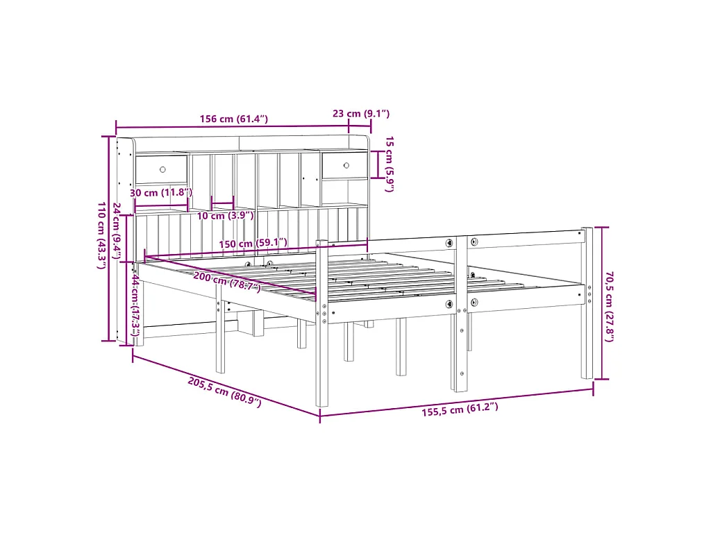 Lit bibliothèque sans matelas cire marron 150x200 cm pin massif