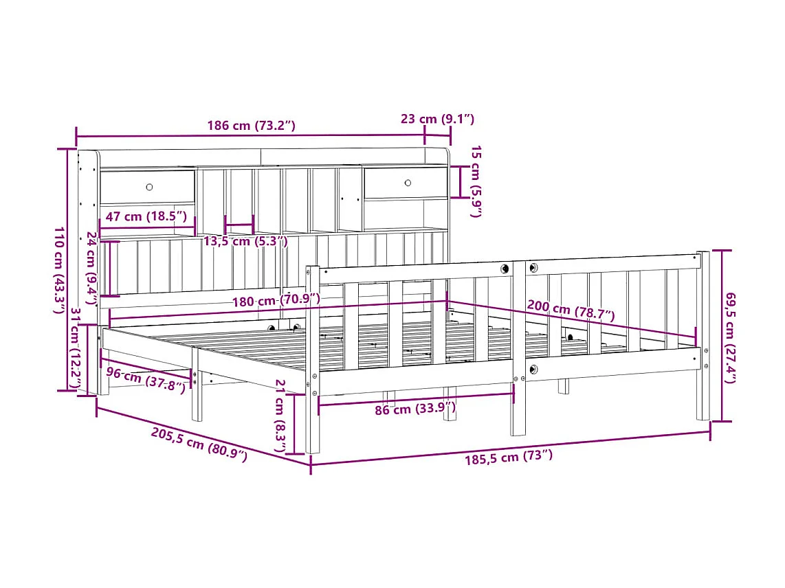 Lit bibliothèque sans matelas blanc 180x200 cm bois pin massif