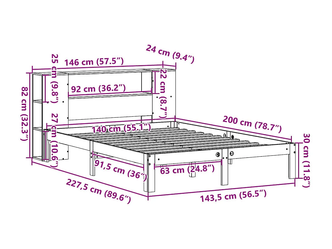 Bed met boekenkast zonder matras massief grenenhout 140x200 cm