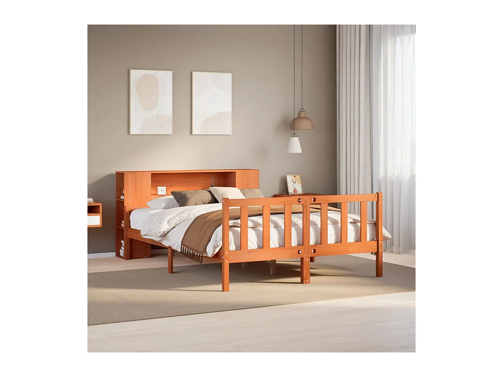 Lit bibliothèque sans matelas cire marron 160x200cm bois massif