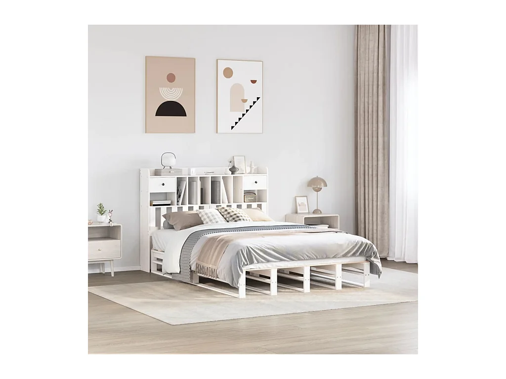 Lit bibliothèque sans matelas blanc 140x190 cm bois pin massif