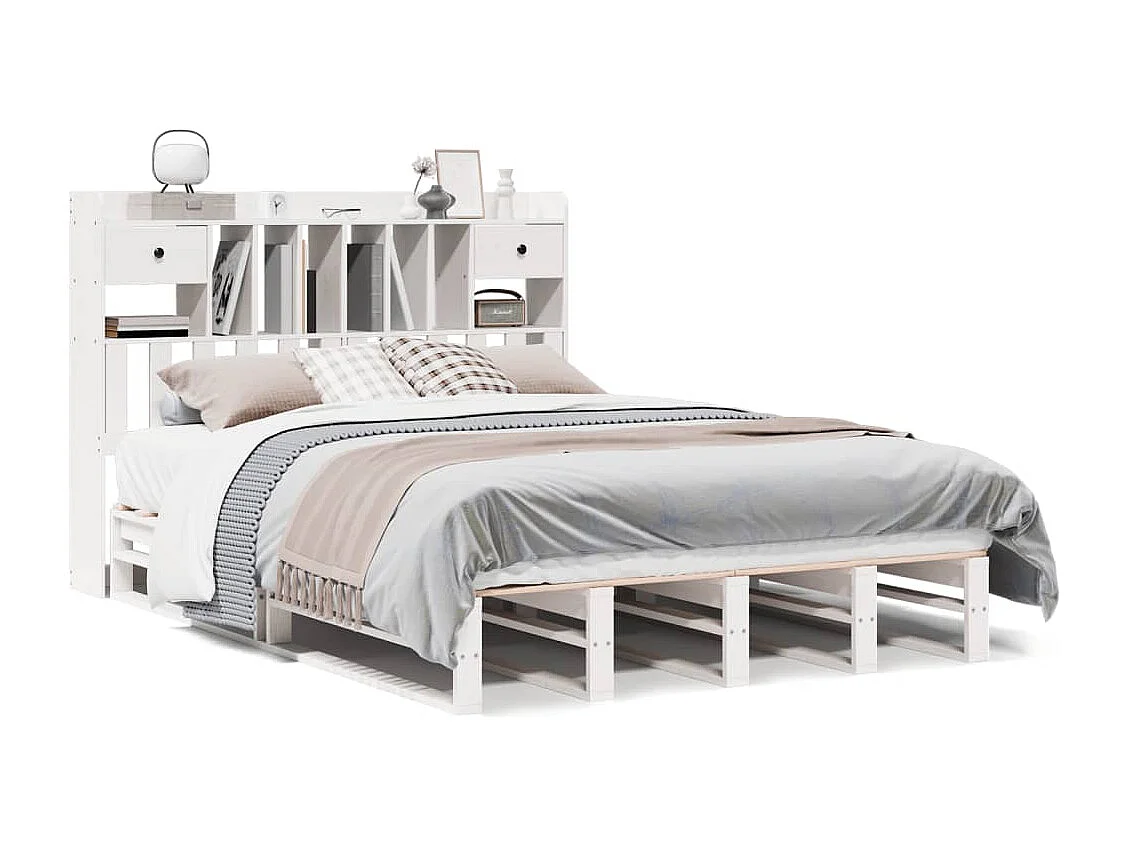 Lit bibliothèque sans matelas blanc 140x190 cm bois pin massif