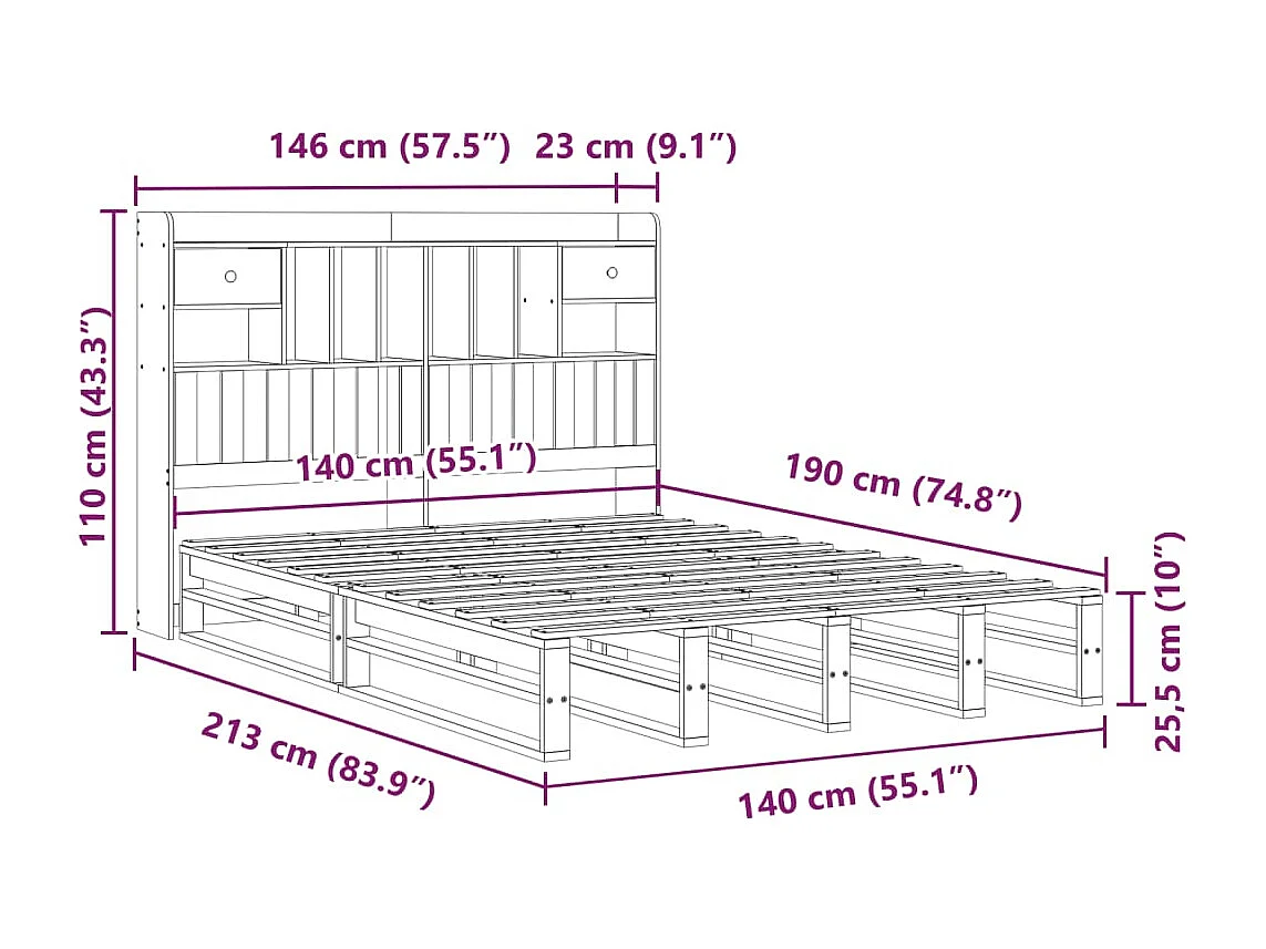 Lit bibliothèque sans matelas blanc 140x190 cm bois pin massif